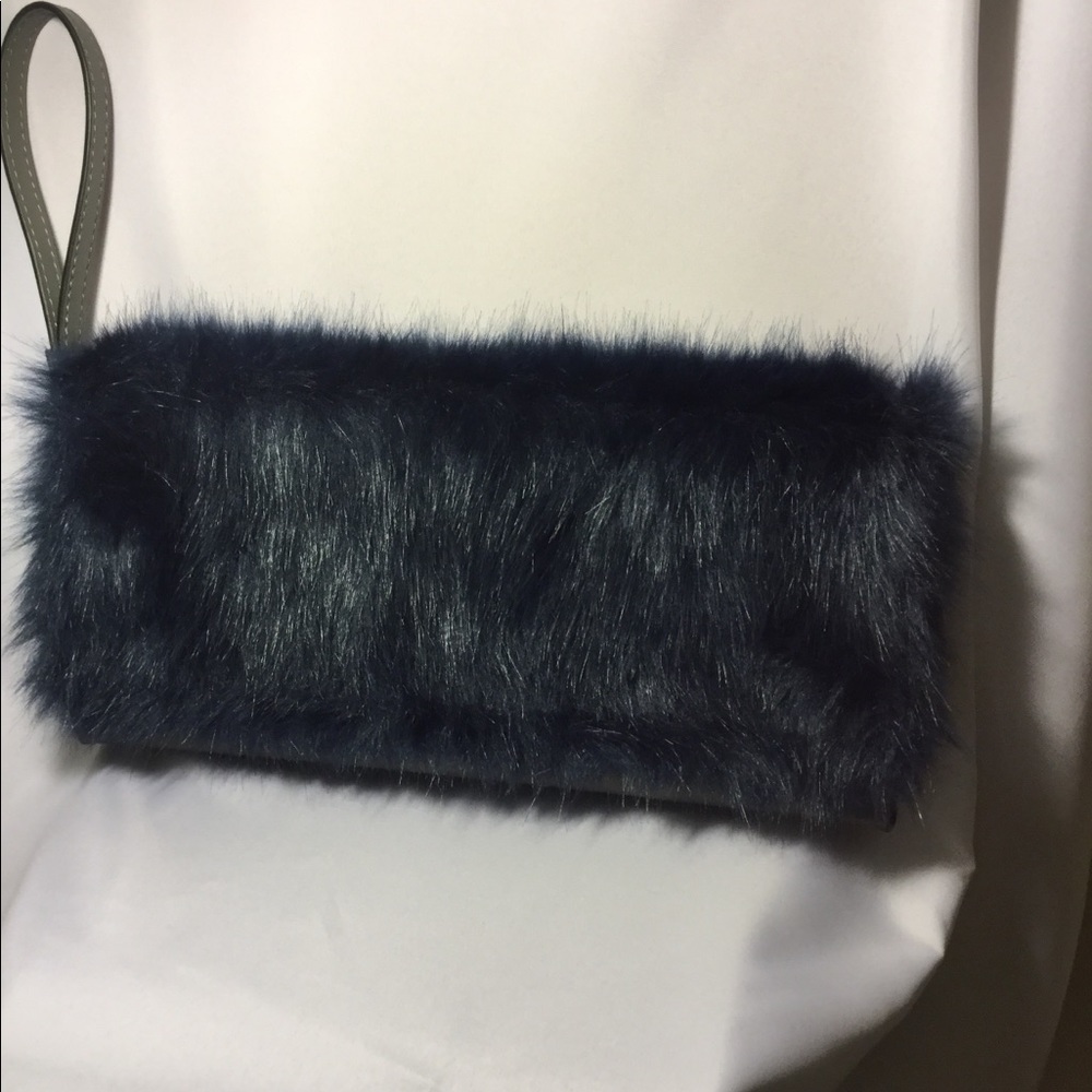 Navy Faux Fur Clutch with Wristlet
